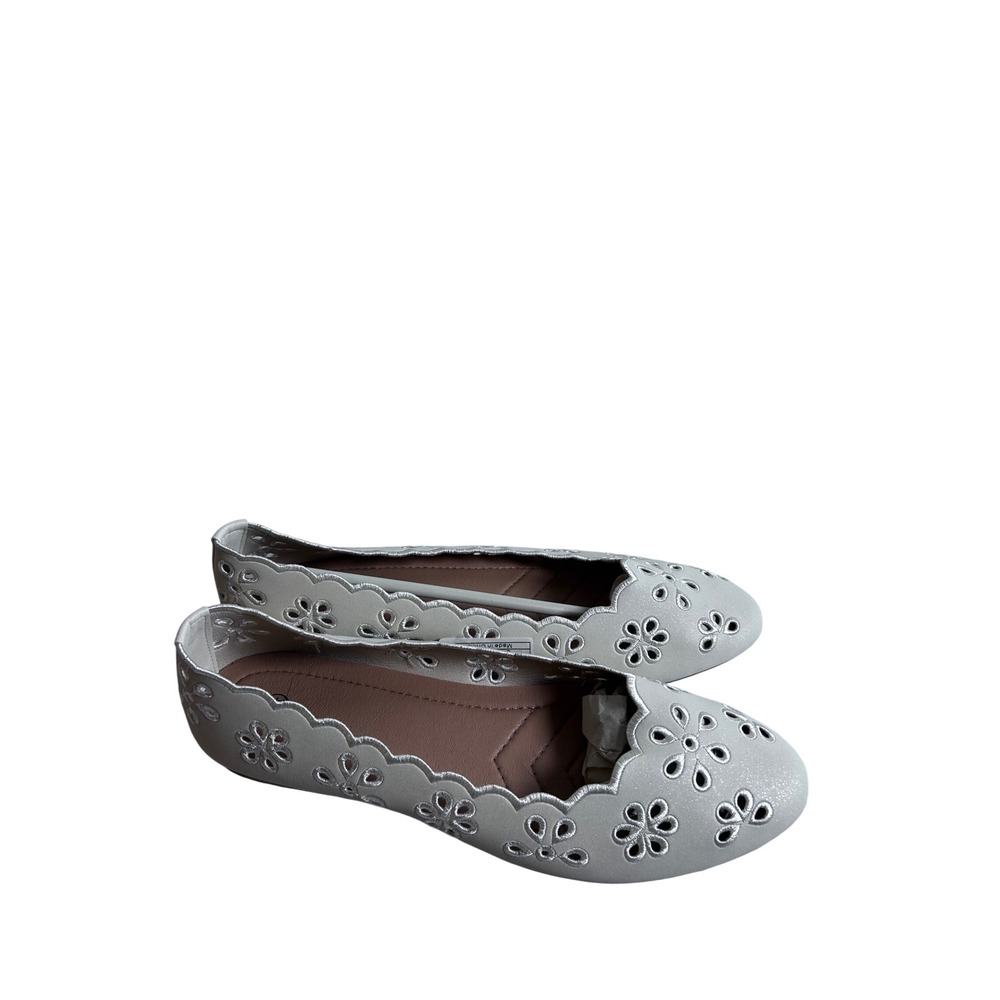 Floral Eyelet Scalloped Ballet Flats 9.5 Beige Shimmer Womens